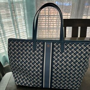 Tory Burch Navy and White Checkered Tote